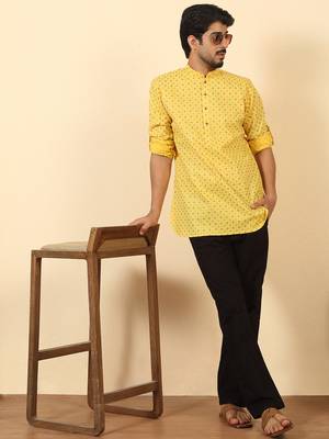 foil printed yellow roll-up sleeves short kurta 4