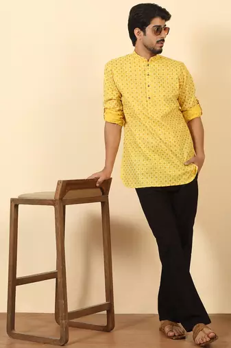 foil printed yellow roll-up sleeves short kurta