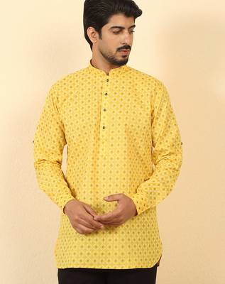 foil printed yellow roll-up sleeves short kurta 5