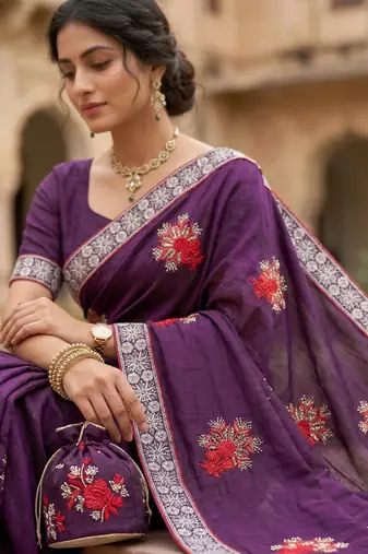 women's  silk blend with zari embroidery party wear saree