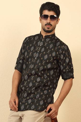 cotton blend printed black roll-up sleeves short kurta
