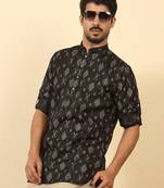 cotton blend printed black roll-up sleeves short kurta