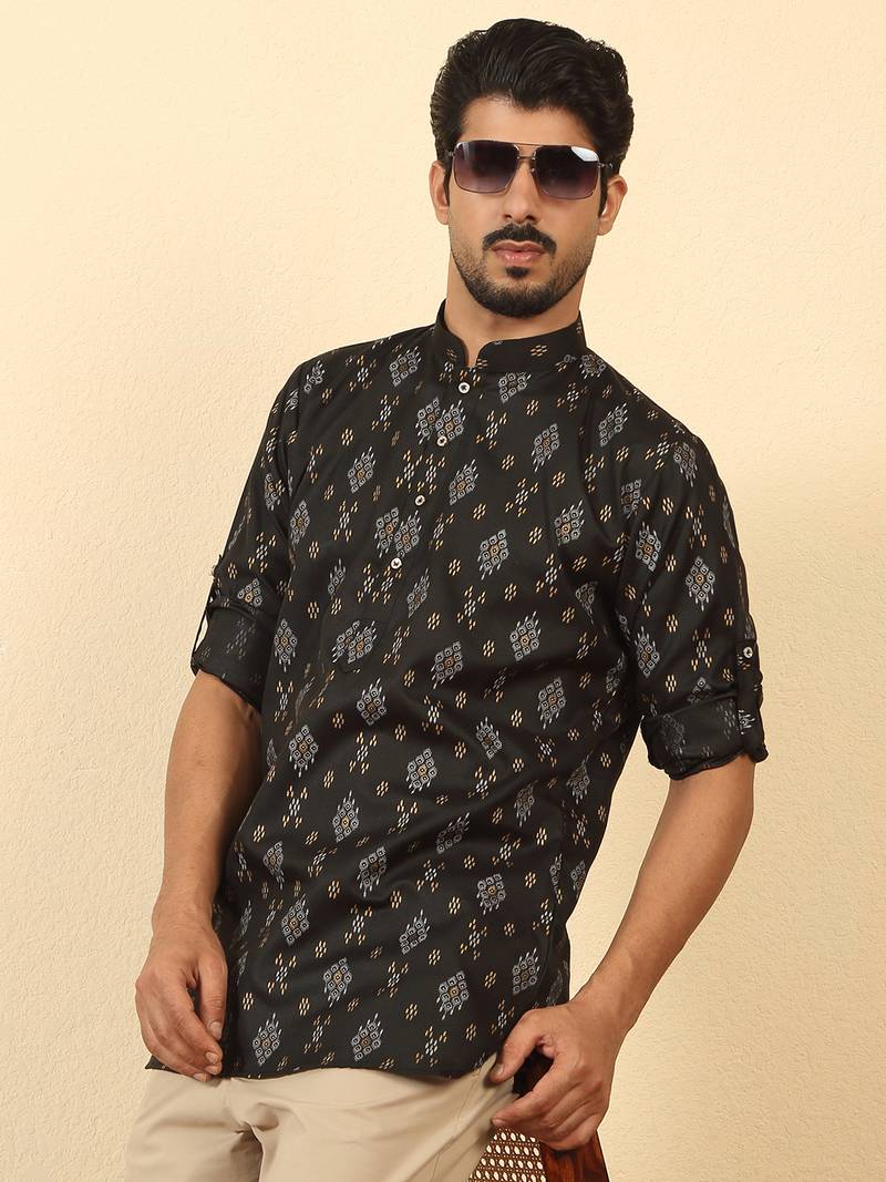 cotton blend printed black roll-up sleeves short kurta