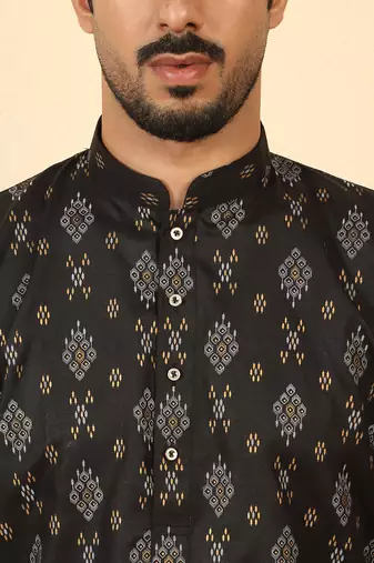 cotton blend printed black roll-up sleeves short kurta
