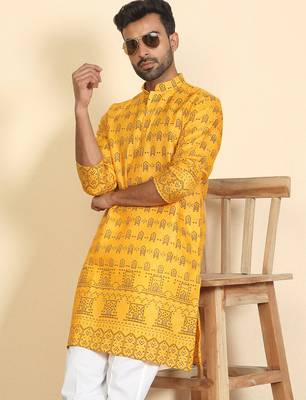 cotton blend ethnic motifs printed mustard kurta 1