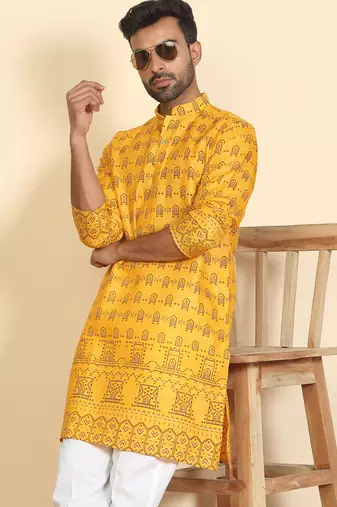 cotton blend ethnic motifs printed mustard kurta