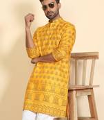 cotton blend ethnic motifs printed mustard kurta