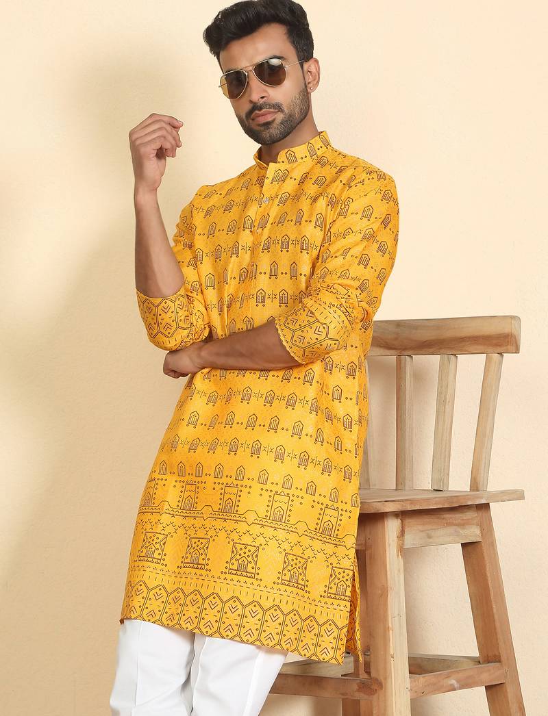 cotton blend ethnic motifs printed mustard kurta