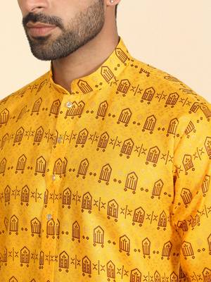 cotton blend ethnic motifs printed mustard kurta 2