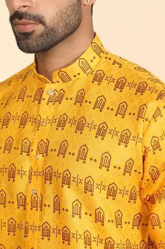 cotton blend ethnic motifs printed mustard kurta