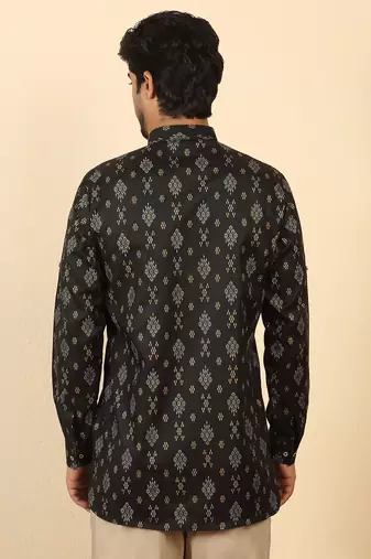 cotton blend printed black roll-up sleeves short kurta