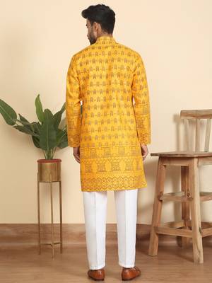 cotton blend ethnic motifs printed mustard kurta 3