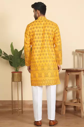 cotton blend ethnic motifs printed mustard kurta