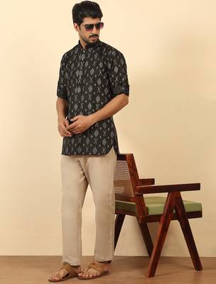cotton blend printed black roll-up sleeves short kurta 4