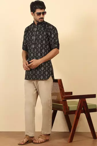 cotton blend printed black roll-up sleeves short kurta