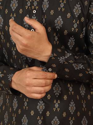 cotton blend printed black roll-up sleeves short kurta 5