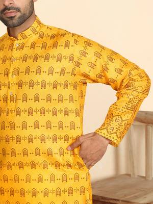cotton blend ethnic motifs printed mustard kurta 4