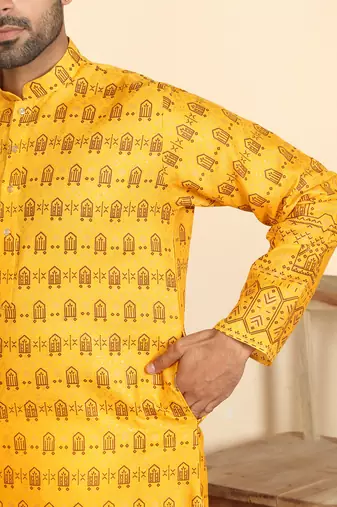 cotton blend ethnic motifs printed mustard kurta