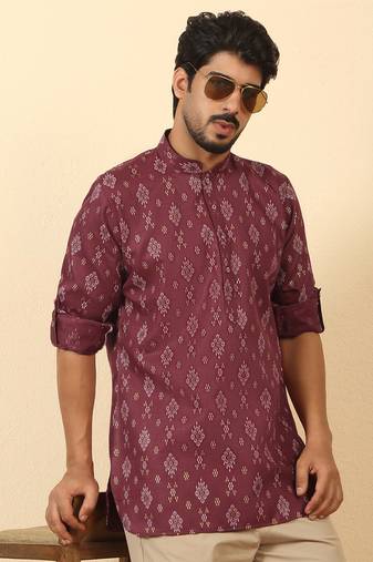 cotton blend printed maroon roll-up sleeves short kurta