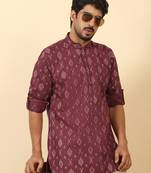 cotton blend printed maroon roll-up sleeves short kurta