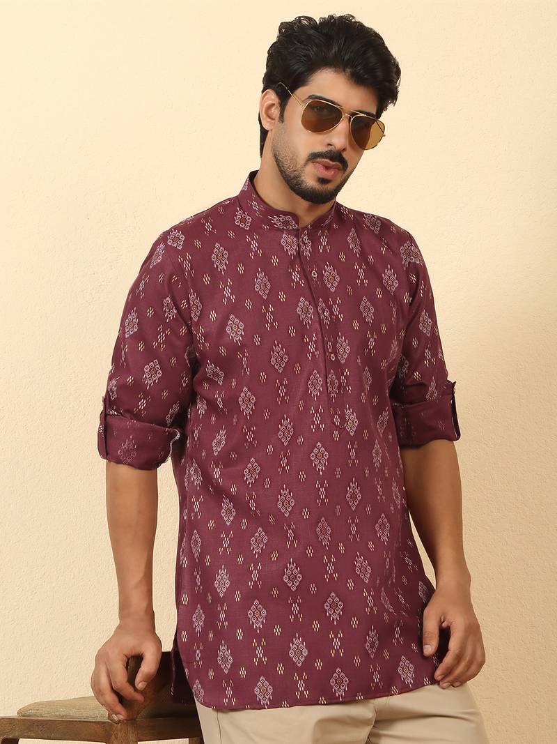 cotton blend printed maroon roll-up sleeves short kurta