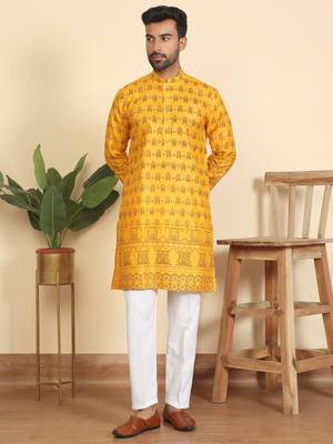 cotton blend ethnic motifs printed mustard kurta 5