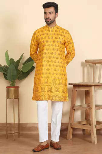 cotton blend ethnic motifs printed mustard kurta