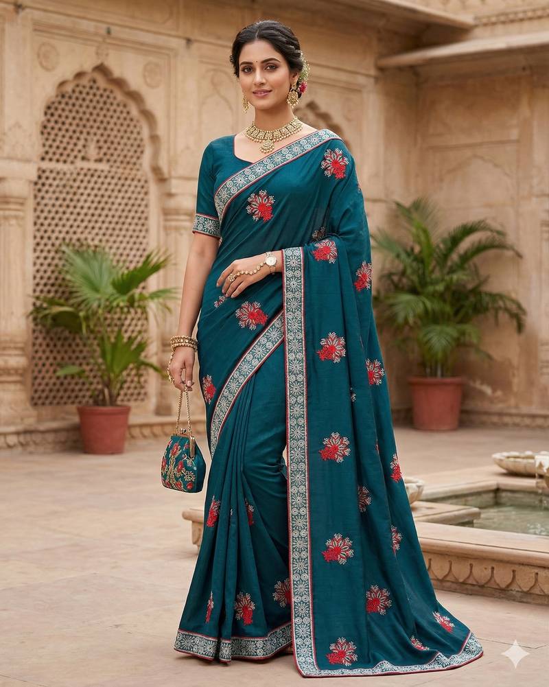 women's vichitra silk with zari embroidery party wear saree