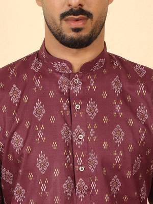cotton blend printed maroon roll-up sleeves short kurta 2
