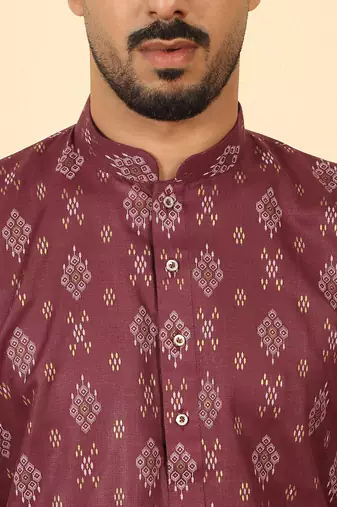 cotton blend printed maroon roll-up sleeves short kurta