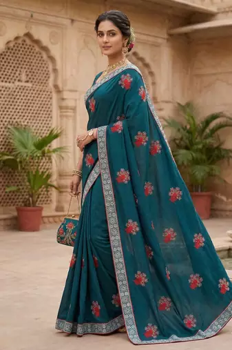 women's vichitra silk with zari embroidery party wear saree