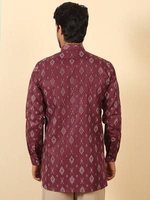cotton blend printed maroon roll-up sleeves short kurta 3