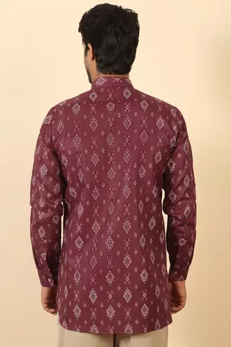 cotton blend printed maroon roll-up sleeves short kurta