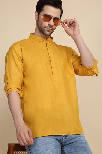 cotton blend solid mustard short kurta