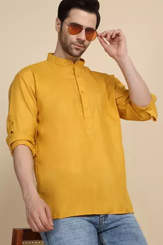 cotton blend solid mustard short kurta