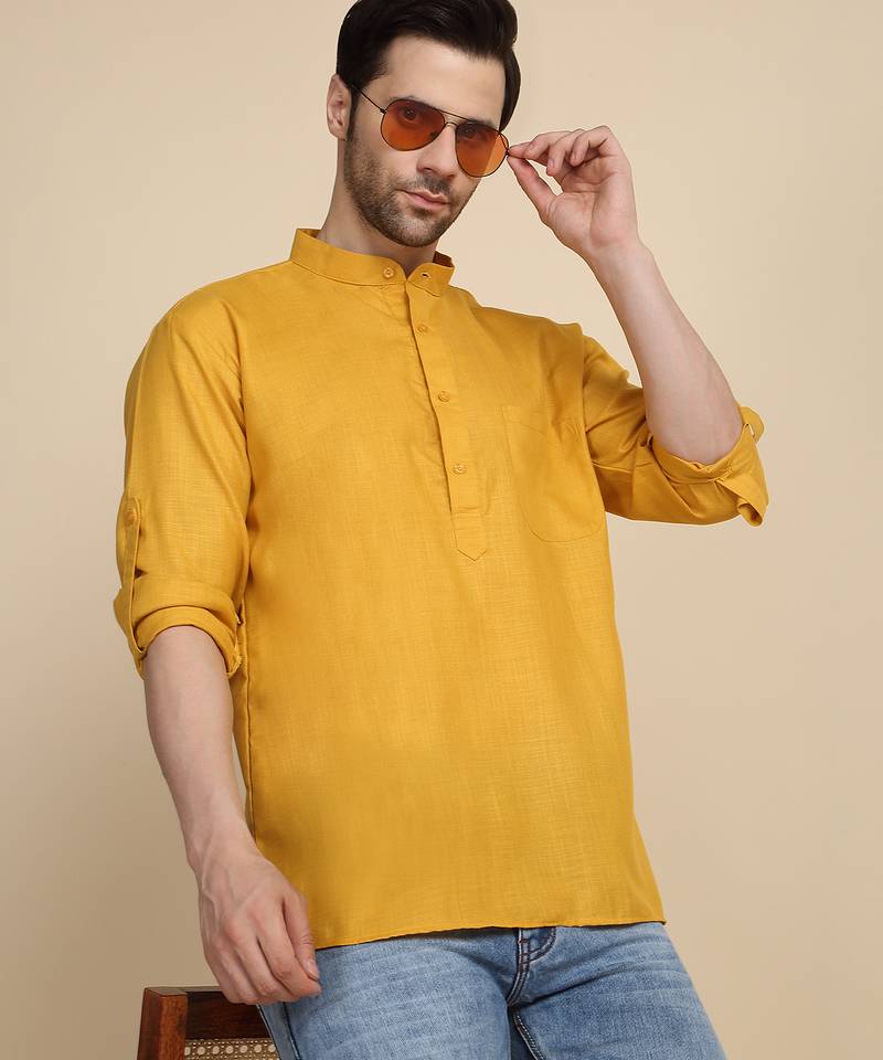 cotton blend solid mustard short kurta