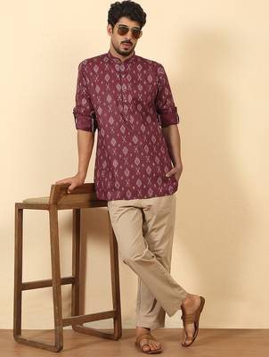 cotton blend printed maroon roll-up sleeves short kurta 4