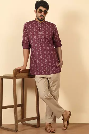 cotton blend printed maroon roll-up sleeves short kurta