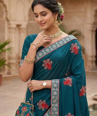 women's vichitra silk with zari embroidery party wear saree 4