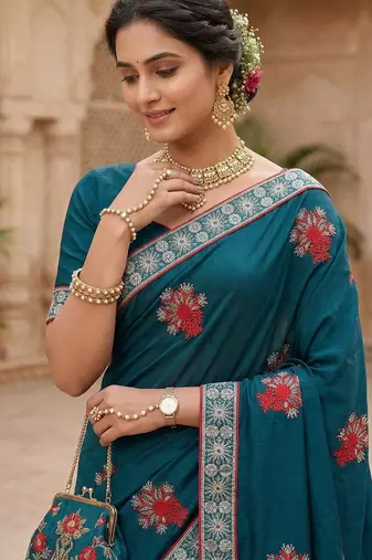 women's vichitra silk with zari embroidery party wear saree