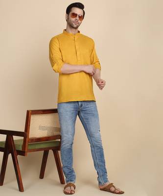 cotton blend solid mustard short kurta 4
