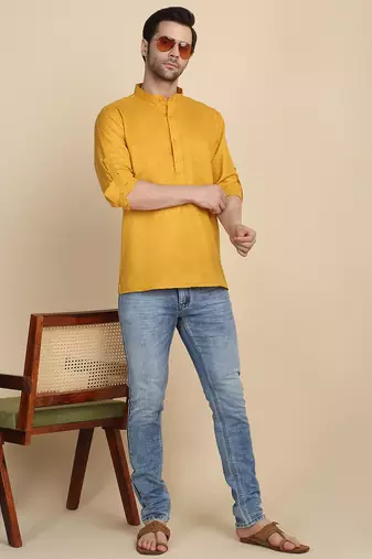 cotton blend solid mustard short kurta