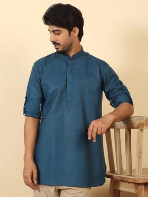 cotton blend solid denim blue short kurta 1