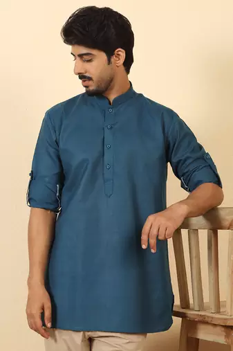 cotton blend solid denim blue short kurta