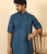 cotton blend solid denim blue short kurta