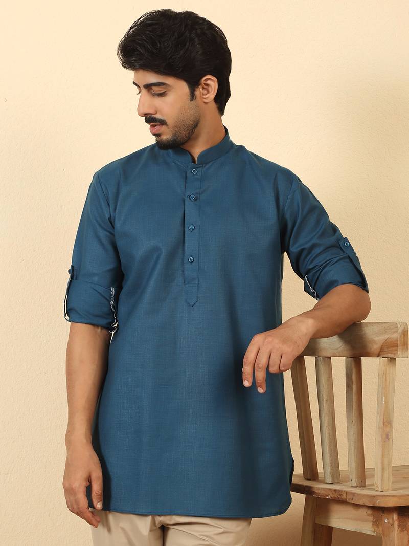 cotton blend solid denim blue short kurta