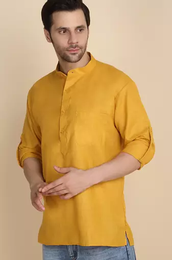 cotton blend solid mustard short kurta