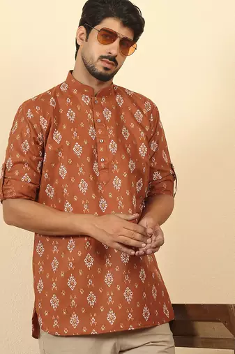 cotton blend printed rust roll-up sleeves short kurta