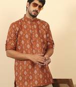 cotton blend printed rust roll-up sleeves short kurta