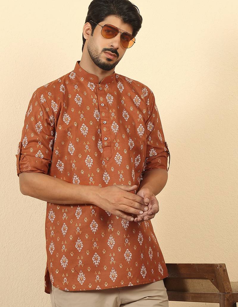 cotton blend printed rust roll-up sleeves short kurta